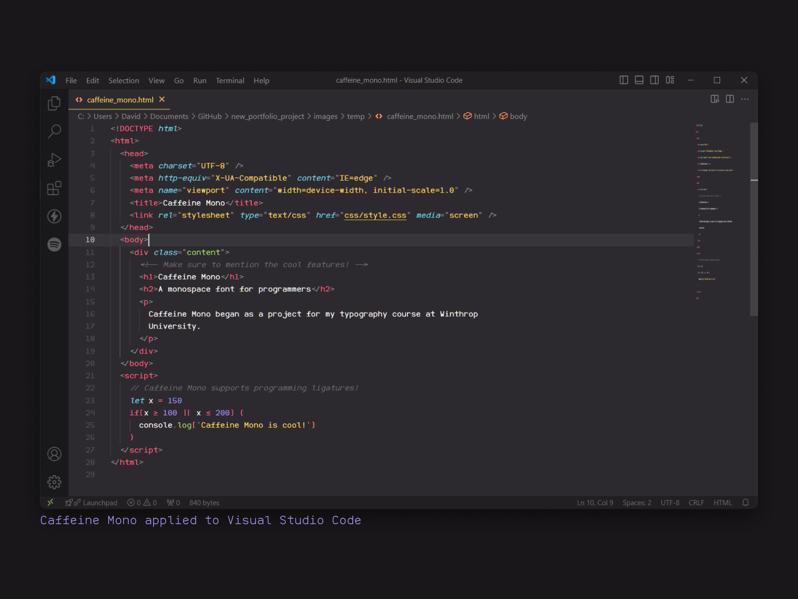 Caffeine Mono applied to Visual Studio Code