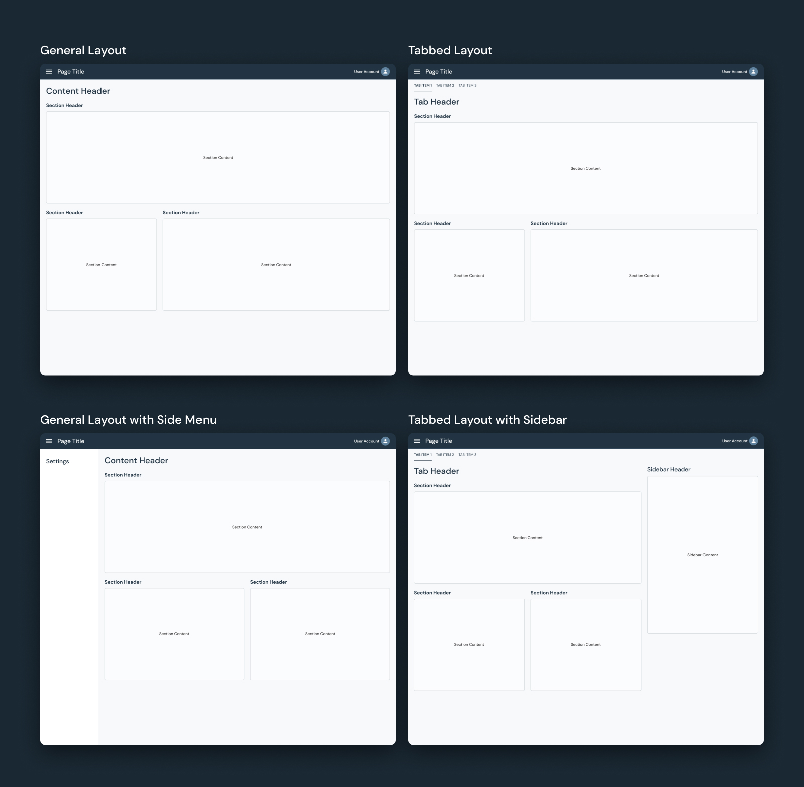 Four page layouts using Style Guide 2.0