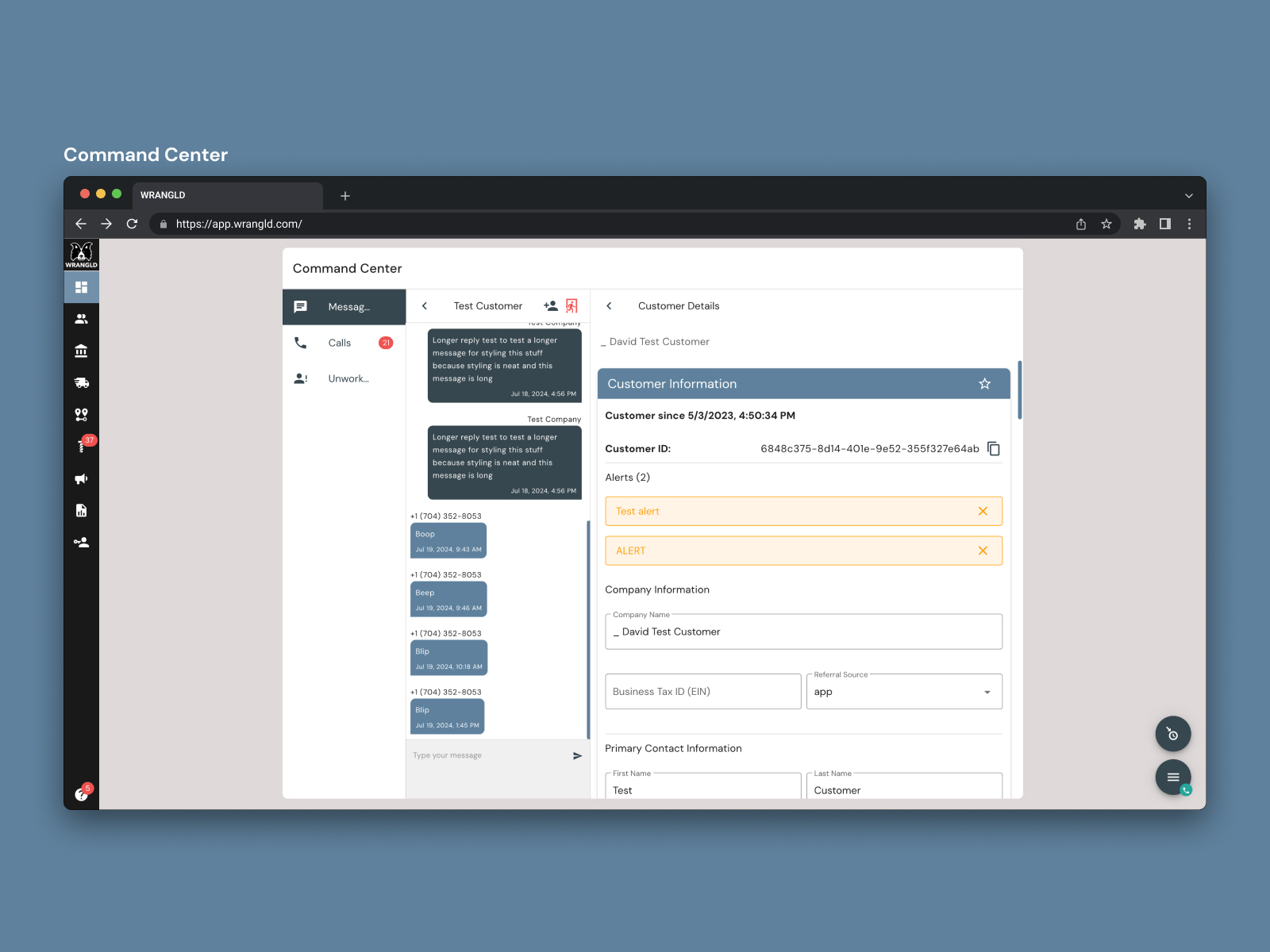 The Command Center with messaging and customer details.
