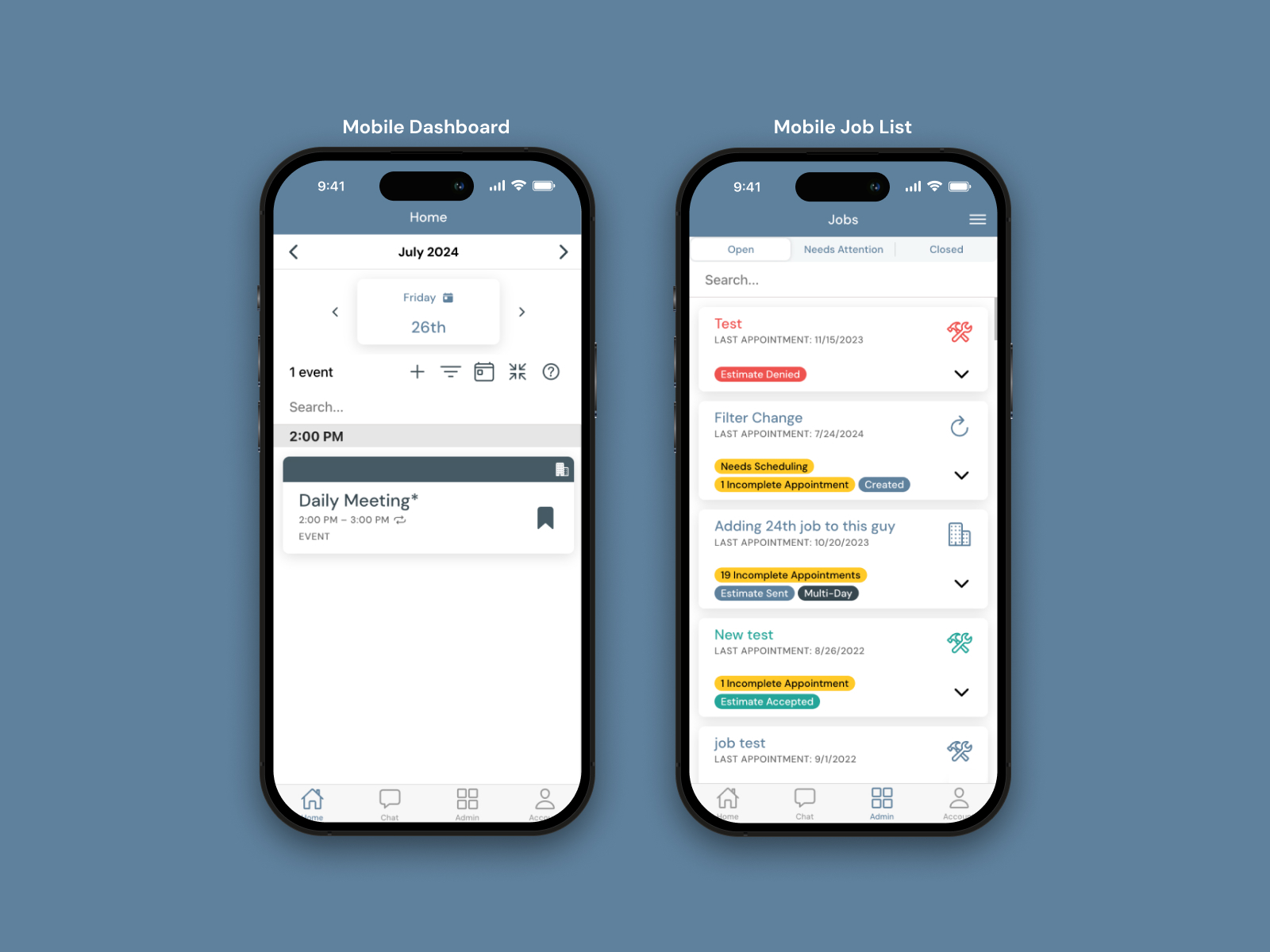 Two screens from WRANGLD Mobile, the dashboard and job list.